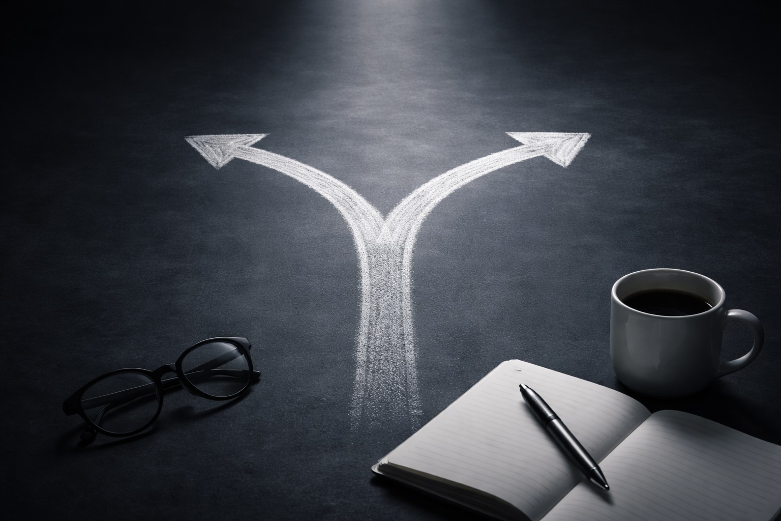A chalkboard fork in the road with arrows, beside a notebook and coffee